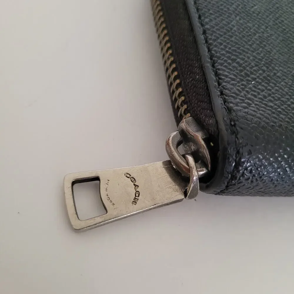 COACH New York Crossgrain‎ Leather Zip Around Wallet Clutch Black Long